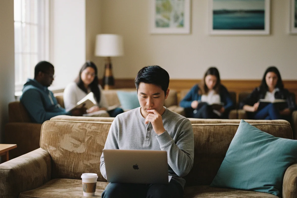 A student working on a laptop on a lounge sofa between classes