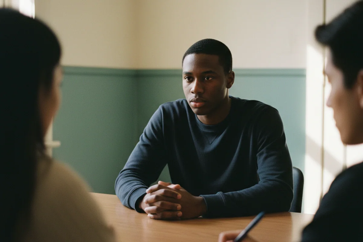 A student answering questions across a table in a quiet interview room