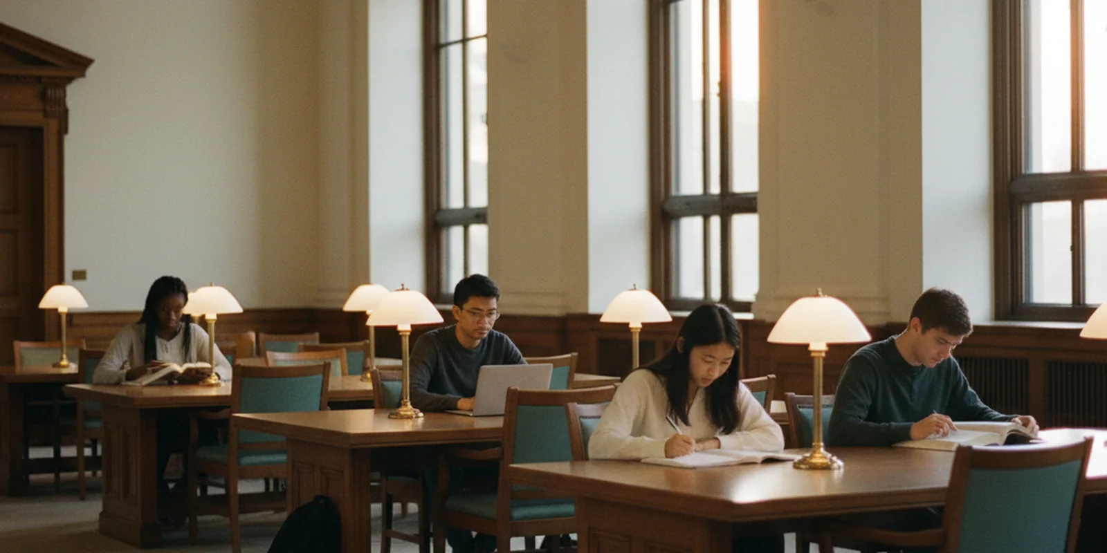 A student reading alone in a quiet university library