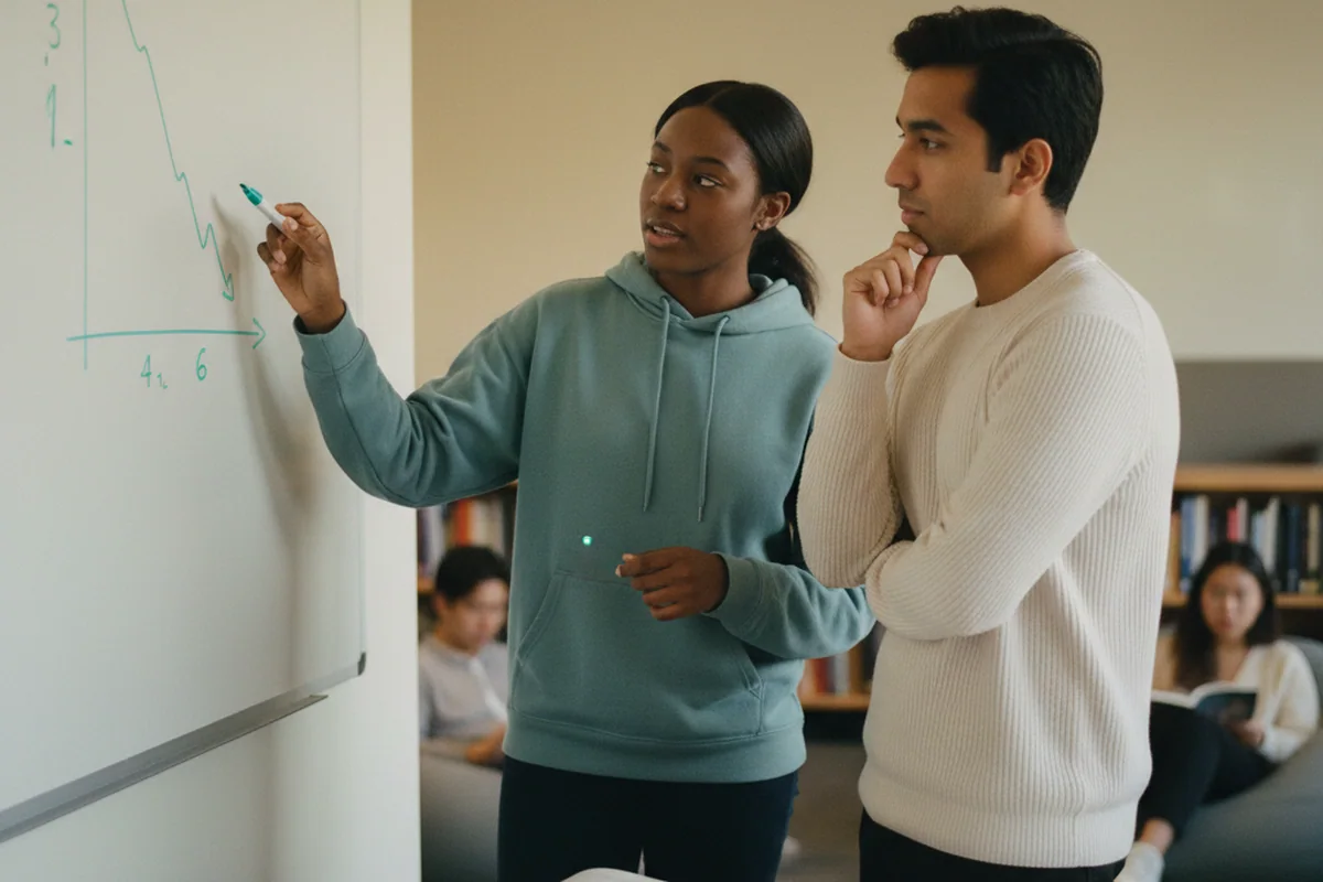 Two students at a whiteboard working through a metrics chart